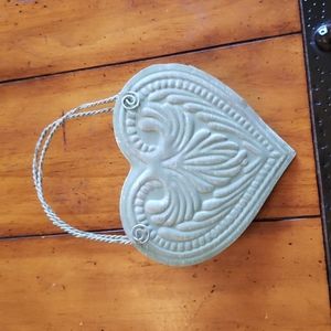 VINTAGE SAGE GREEN DISTRESSED TIN HEART HANGING "BASKET"